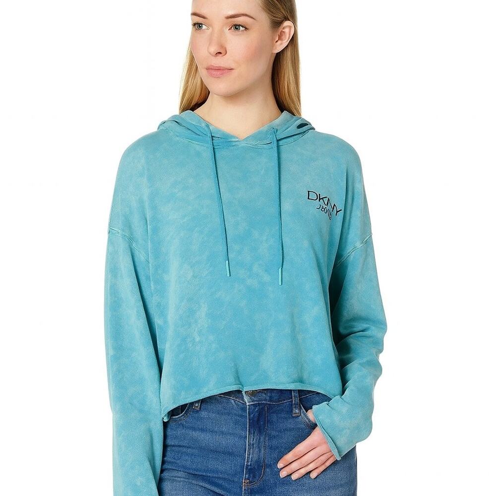 DKNY Jeans Women’s XL Cropped Hoodie Green Tie Dye Pullover Sweatshirt NWOT